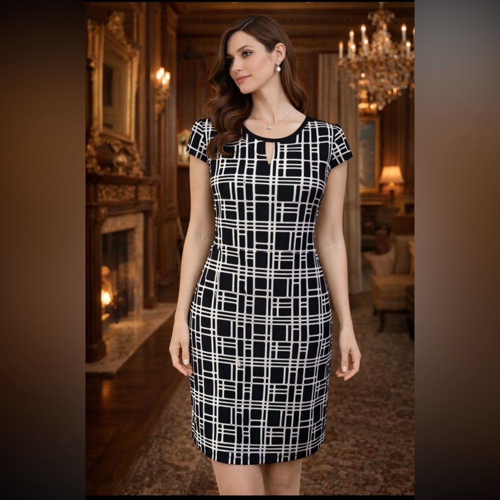 Tahari Levine Dress 10 Black White Short Sleeve Shift Sheath Career Church